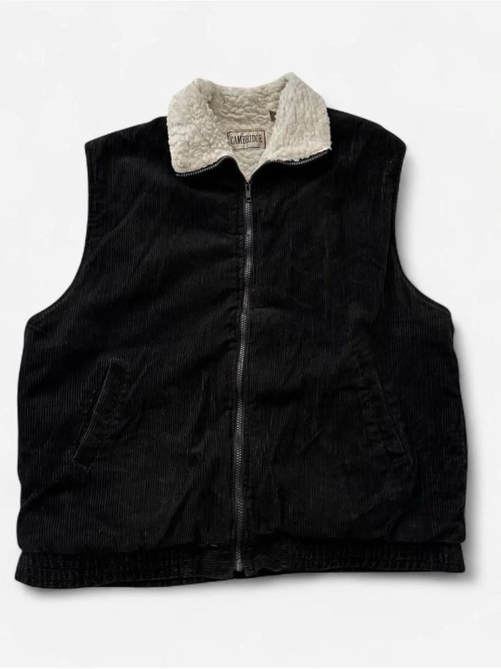 Vintage Men's Black Corduroy Sherpa-Lined Vest large